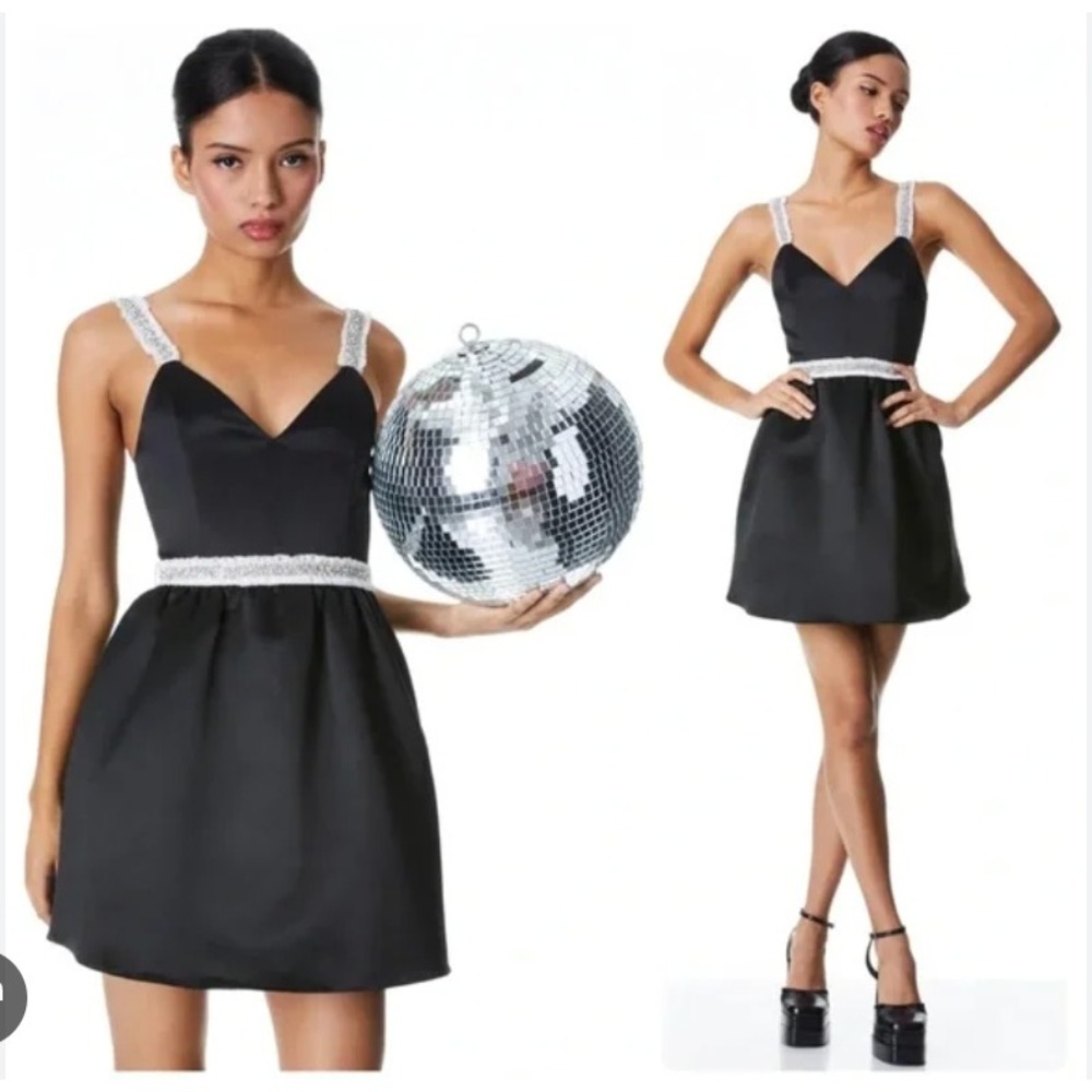 Alice + Olivia‎ Giulia Black Satin Crystal Embellished Mini Dress, 14